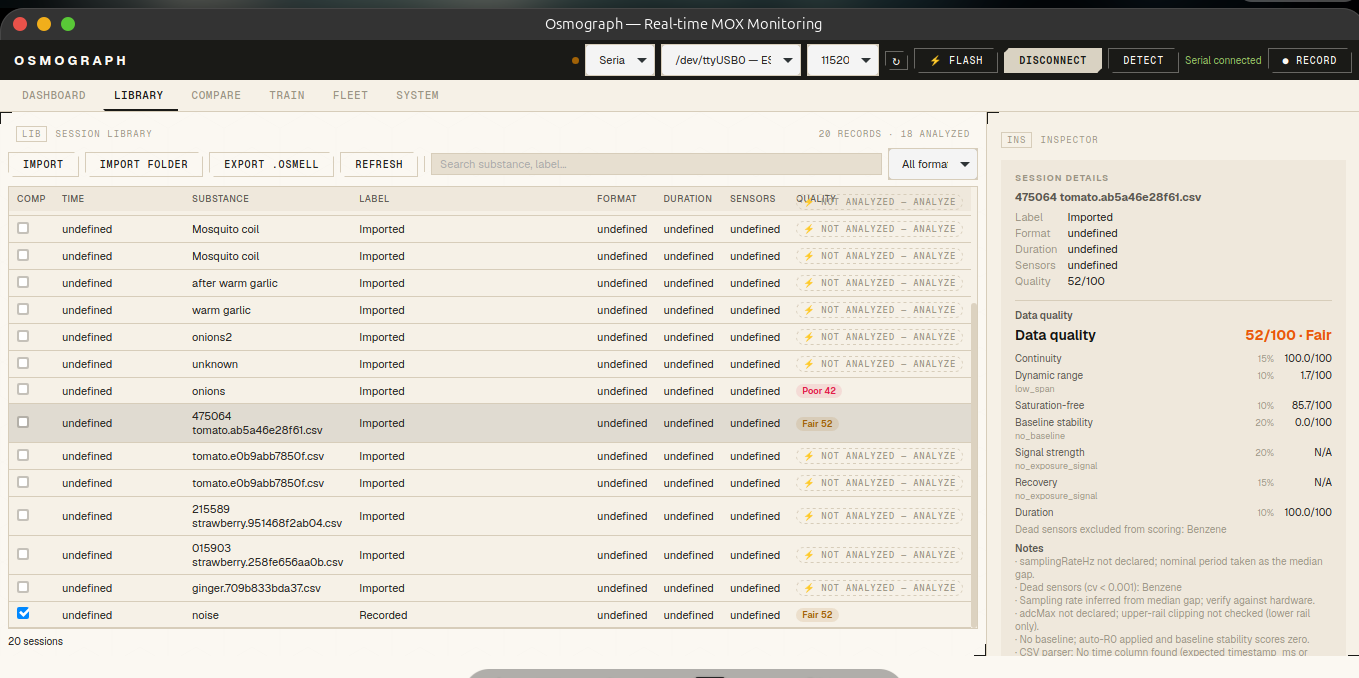 session list · per-session quality · inspector fingerprint