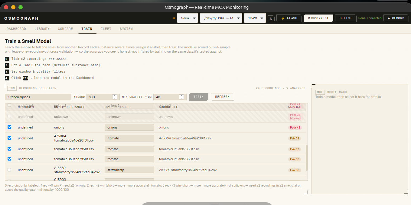 recording selection · window & quality filters · model card